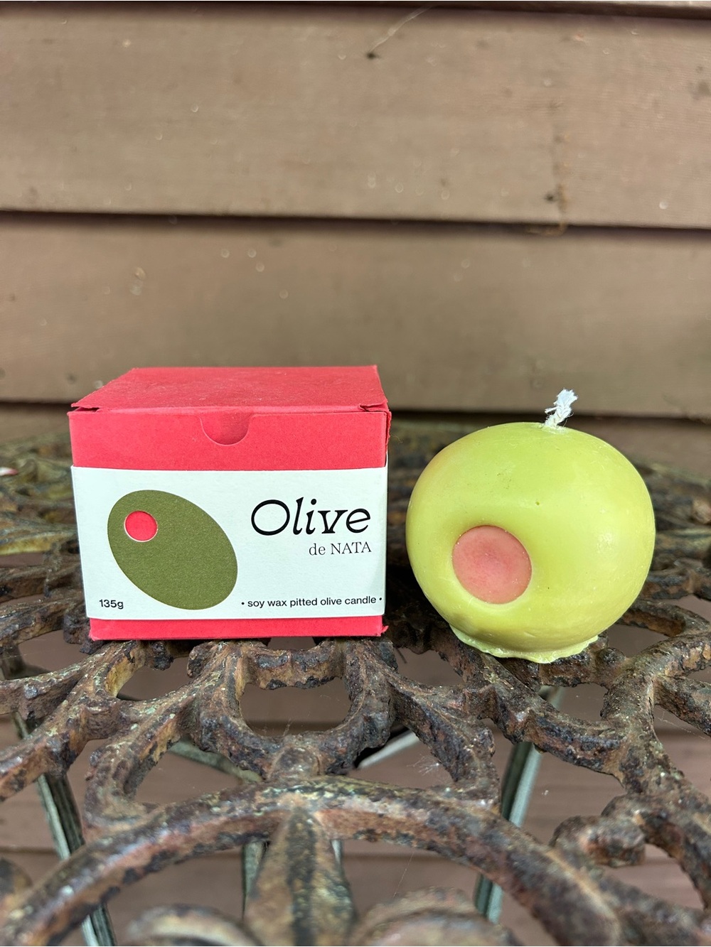 Anthropologie Olive-shaped Soy Wax Candle in Light Green with Pink Pit